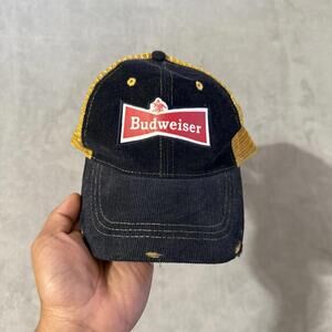 Vintage Budweiser Beer Trucker Hat Corduroy Mesh Snapback Cap Navy Yellow JJM